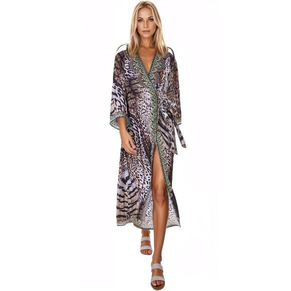Chia Multi Animal Print Embellished Wrap Kimono Cover Up - One Size Fits All - Picture 1 of 6